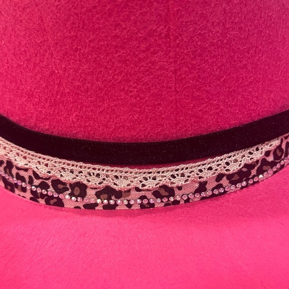 Handmade Pink Felt Cowgirl Hat with Feathers, Gems, and Leopard Print - Picture 5 of 9